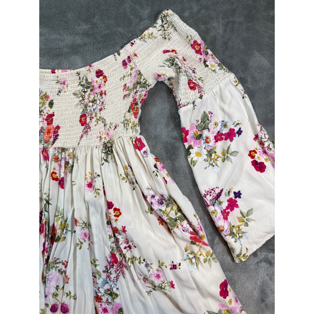 Torrid Floral Smocked Off Shoulder Bell Sleeve Mini Dress White Size 1 (XL) Boho - Picture 16 of 16